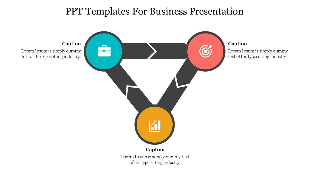 PPT slide for a business presentation featuring a triangular flow with icons for business, target, and growth with captions.