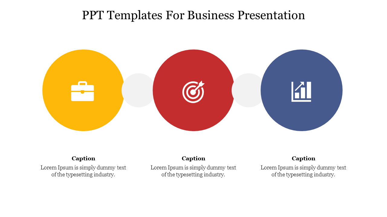 Business presentation slide showing three circles with icons for business, target, and growth, with placeholder captions.