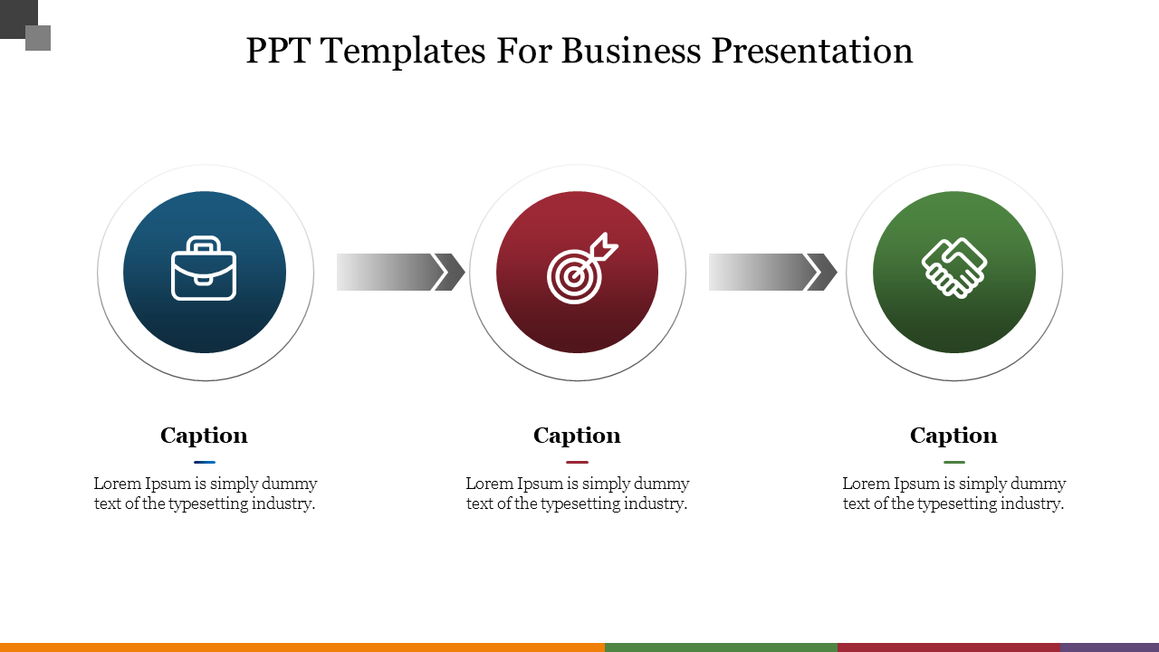 Business themed slide with circular icons representing objectives and actions, linked by a directional flow of arrows.