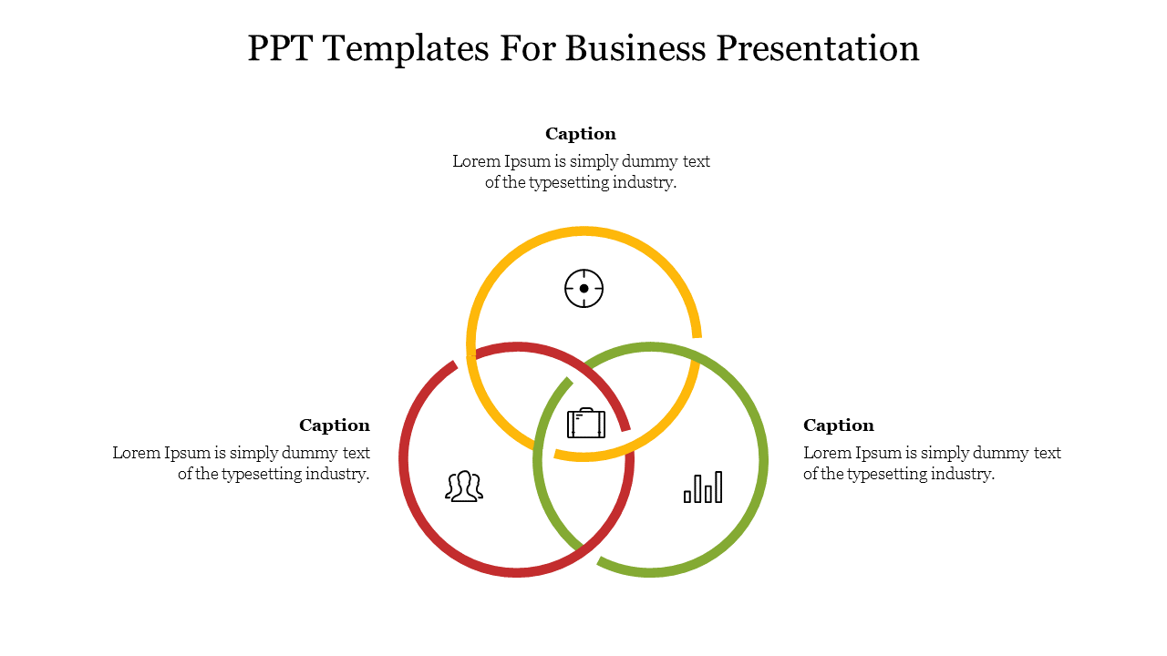 Business slide with three overlapping circles in red, yellow, and green, each containing icons and captions.