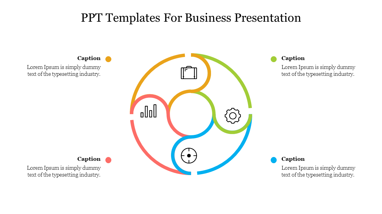 Business slide showcasing a segmented circle in red, yellow, green, and blue, with icons and descriptive captions.