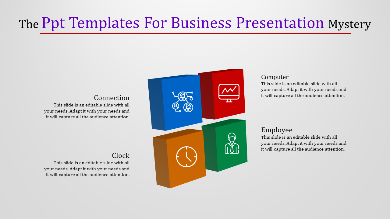 PPT template for a business presentation featuring colorful blocks with icons for connection, computer, clock, and employee.