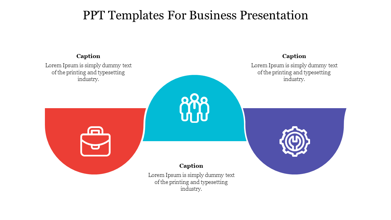 Business slide with three interconnected semicircles in red, teal, and blue, each containing an icon and caption.