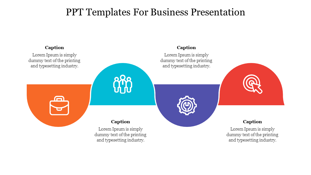 PPT template for a business presentation featuring four colorful sections from business to target with corresponding icons.