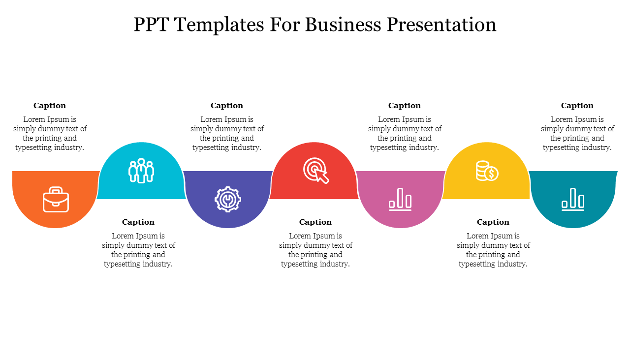 Business template with connected circular elements, each containing icons and placeholder text areas.