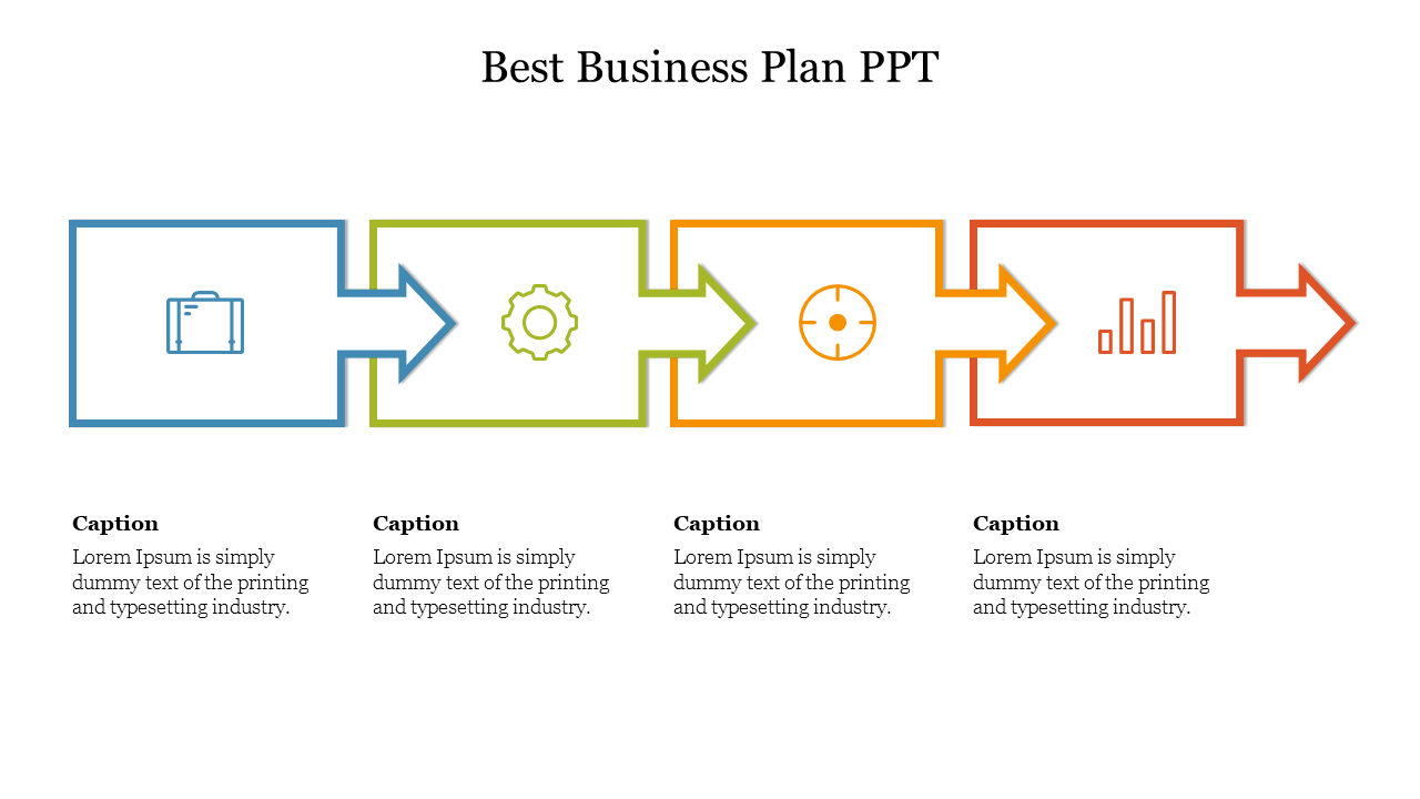 Business plan slide with four connected arrows in blue, green, orange, and red, each containing an icon and caption.