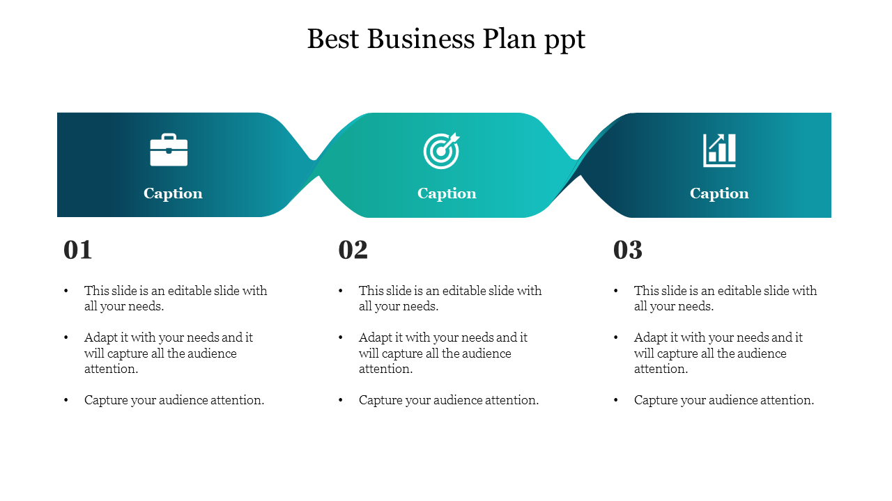 Business plan PowerPoint slide with three stages business, target, and growth, each with an icon and connected by arrows.