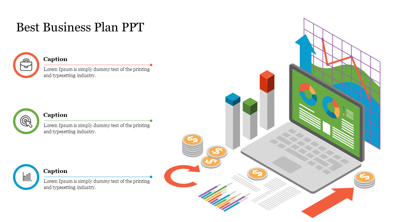 Business planning slide showing a laptop with charts, financial icons, and upward arrows, with three captions areas. 