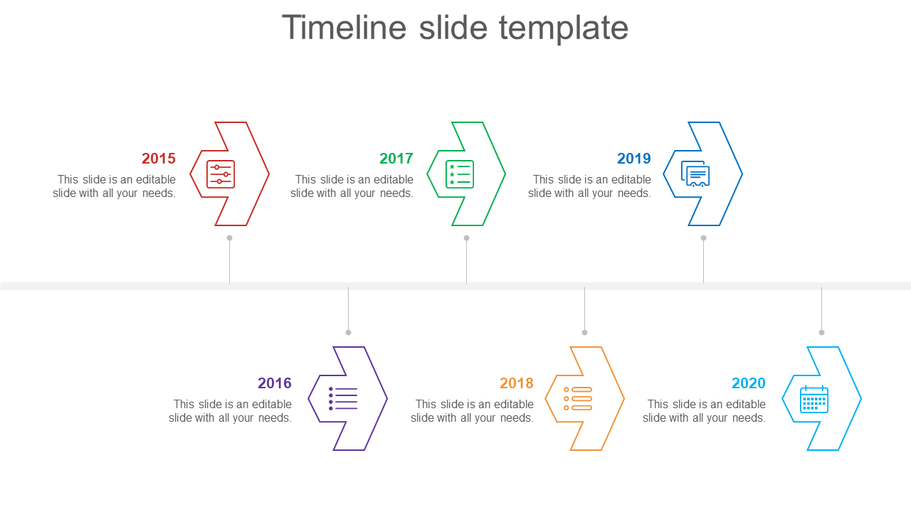 Timeline slide showing a sequence of years from 2015 to 2020, each with an icon and description.