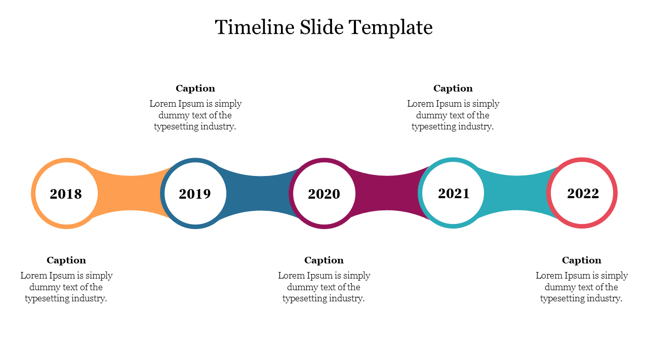 Timeline slide for a presentation showing years from 2018 to 2022, each with a circular section and caption.