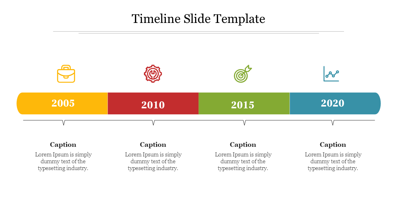 Color-coded timeline showing years 2005 to 2020, each segment represented by business-related icons and caption areas.