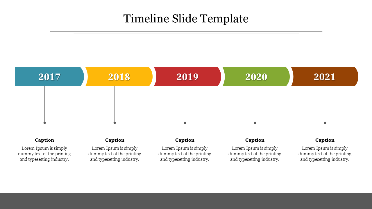 Timeline slide with horizontal colored segments labeled from 2017 to 2021, each with captions below.