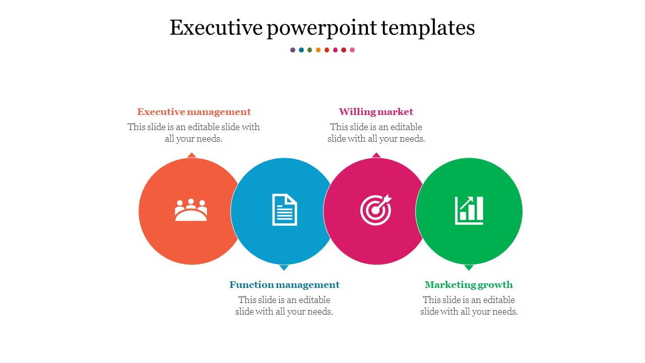 Slide with four colorful circular icons in orange, blue, pink, and green, each labeled with business related captions.