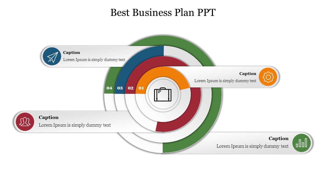 Best business plan slide featuring a circular diagram with four sections communication, management, strategy, and analysis.