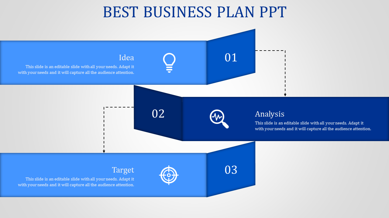 Business plan slide featuring three horizontal blue ribbons numbered from 01 to 03, each with icons and captions.