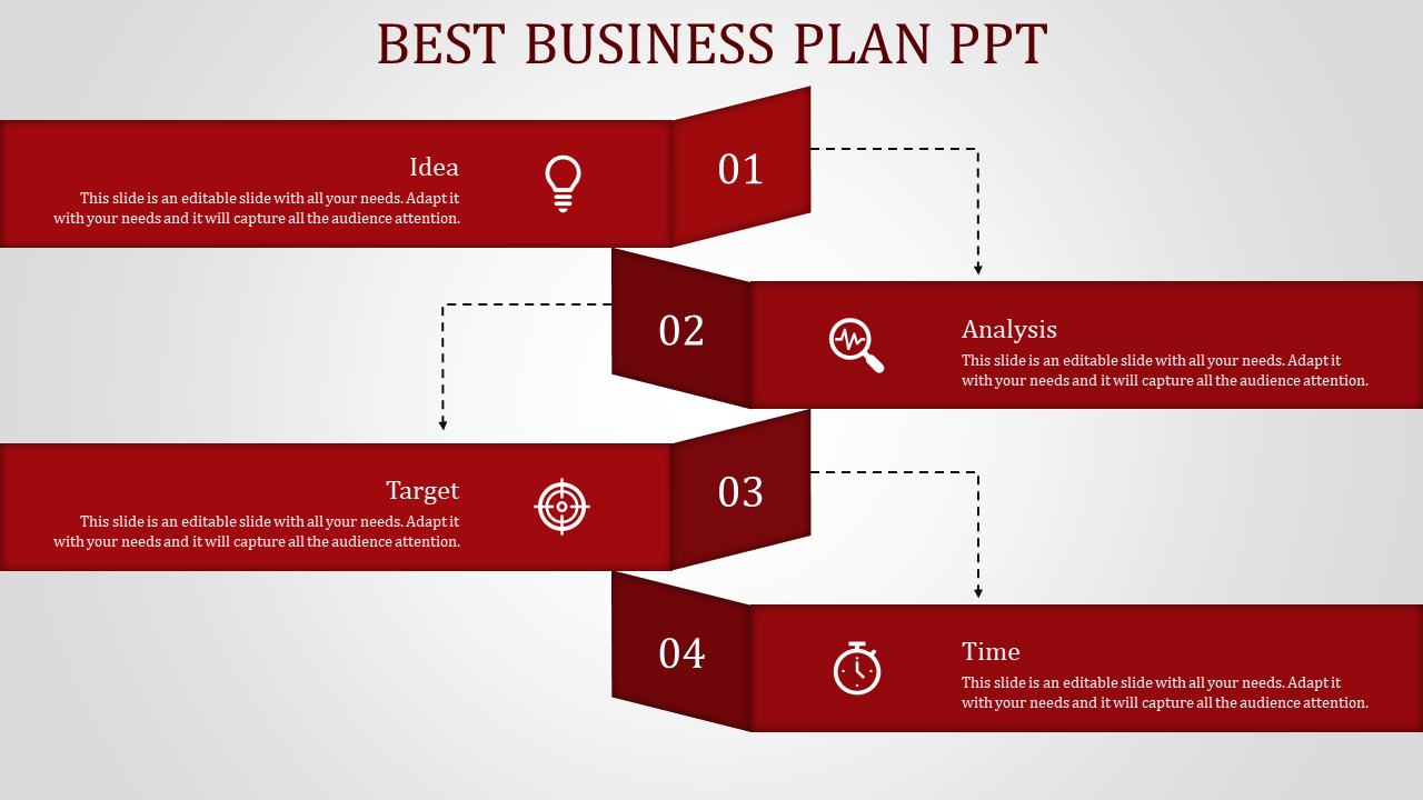 Business plan slide with four red horizontal rectangles, each with icons, numbers 01 to 04, and connected by arrows.