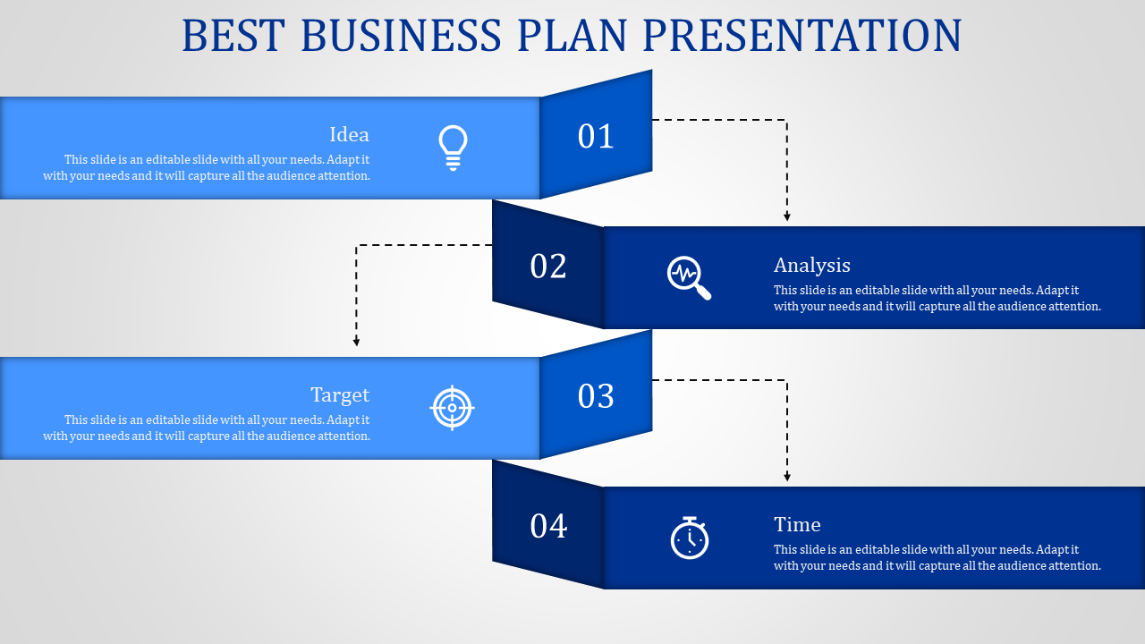 Business plan slide with four horizontal banners showing a step by step workflow in shades of blue, each featuring an icon.