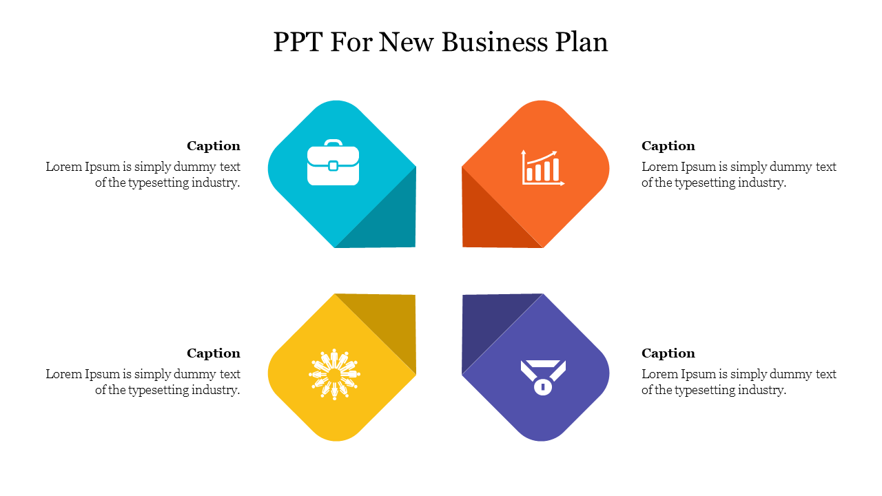 Business plan layout showing four colorful shapes arranged in a grid, each containing an icon and a caption areas.