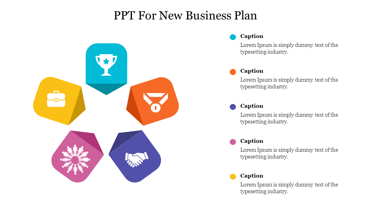 A colorful PowerPoint template for a new business plan with five sections and icons with captions.