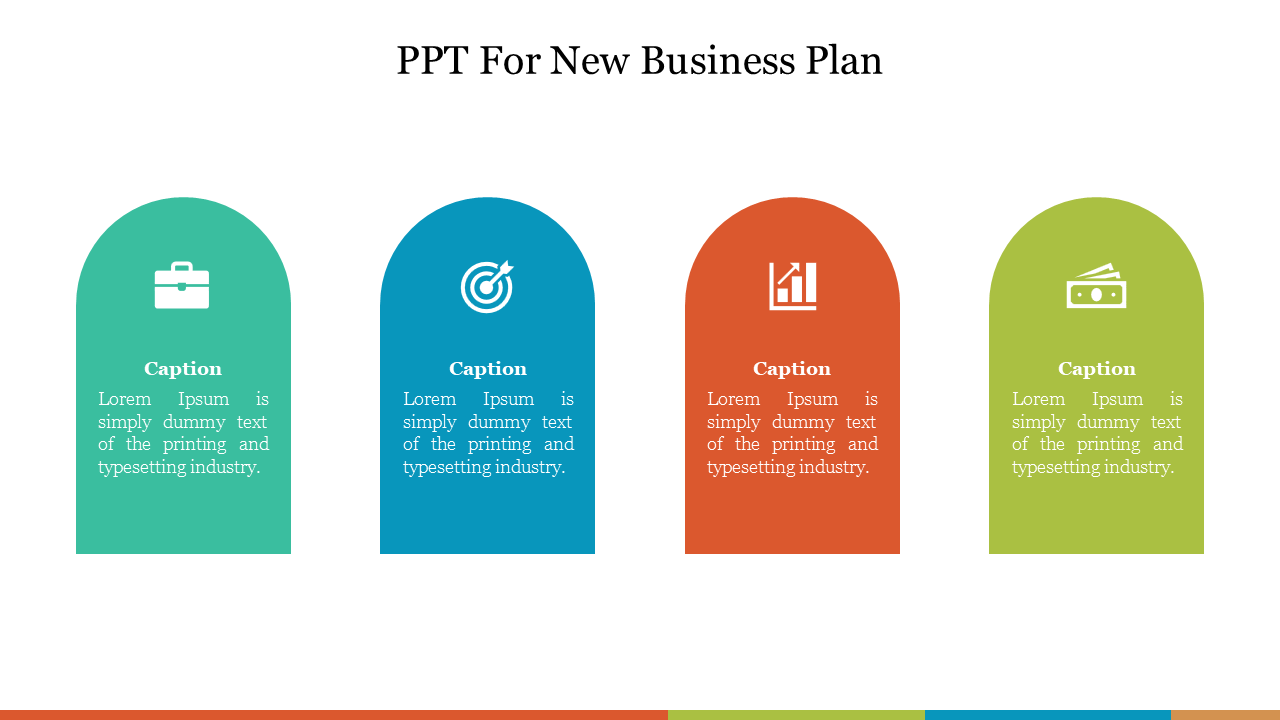 New business plan slide with four colorful arch shaped sections in teal, blue, orange, and green, each with icons