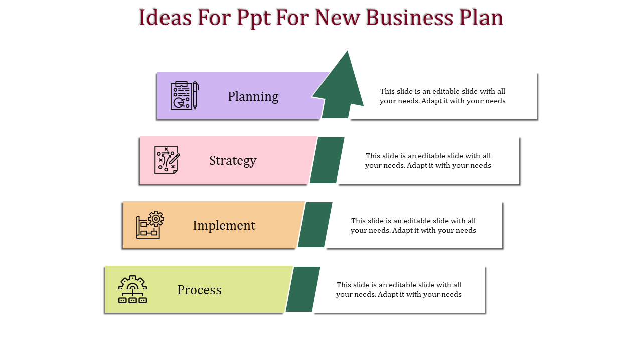 PowerPoint slide for a new business plan with four steps from Planning to Process, each represented with icons.