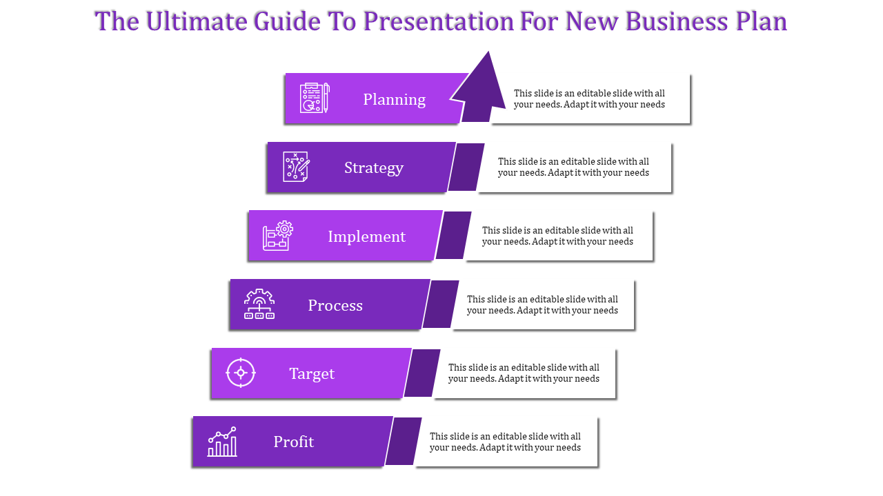 A purple PPT slide showing the essential steps for creating a new business plan each with icons and placeholder text.