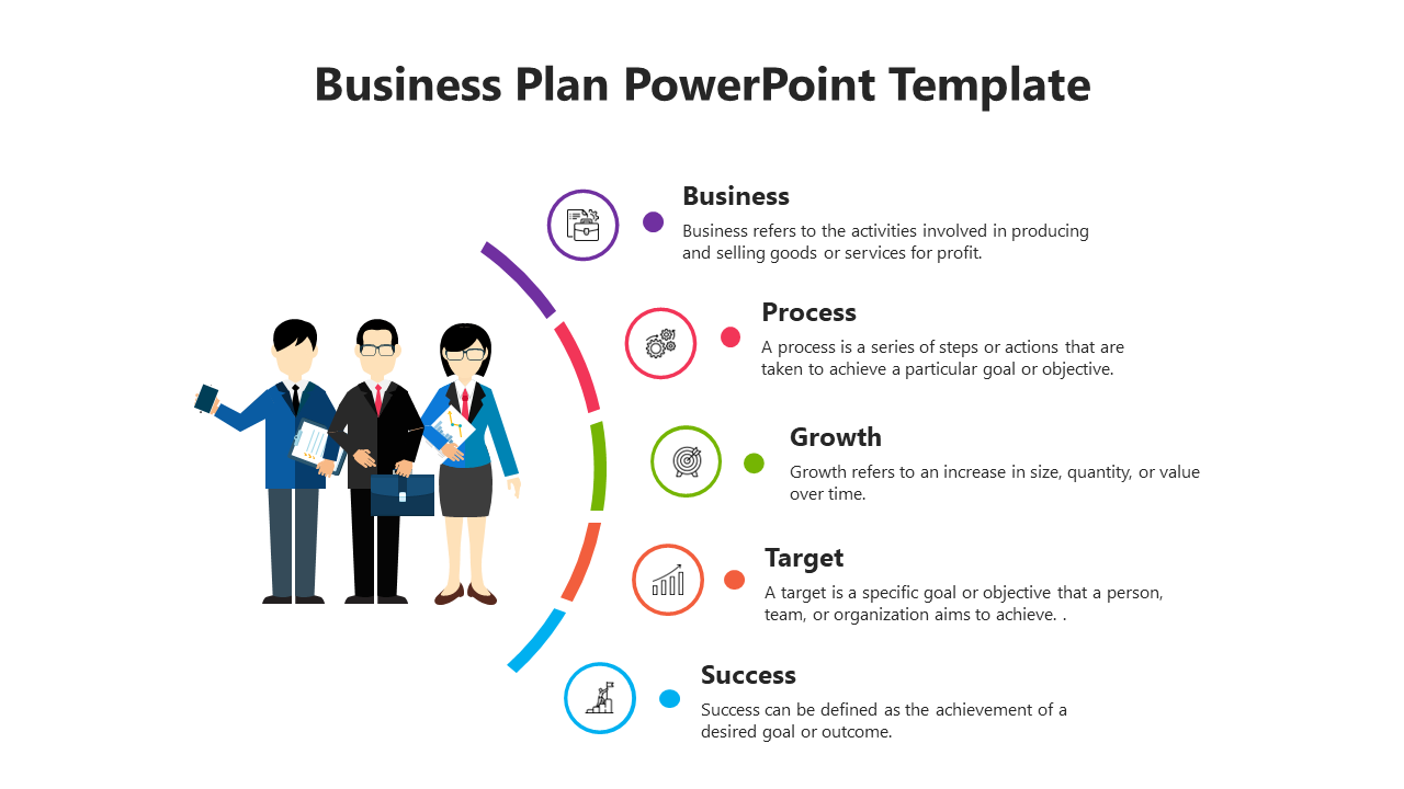 Slide design featuring three business professionals and a semicircular flow of icons in purple, red, green, orange, and blue.