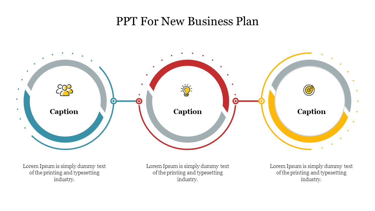 Visual diagram for a business plan, including three circles with icons symbolizing teamwork, innovation, and objectives.