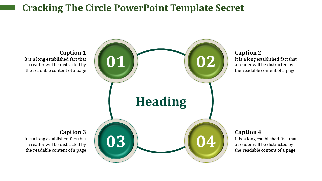 Four-step circular diagram with green shaded circles, each containing numbers, arranged around a central heading placeholder.