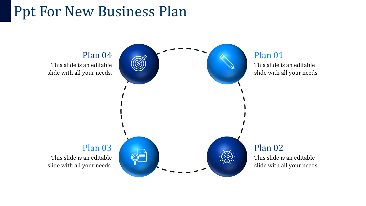 PowerPoint template for a business plan with four steps and icons representing each stage.