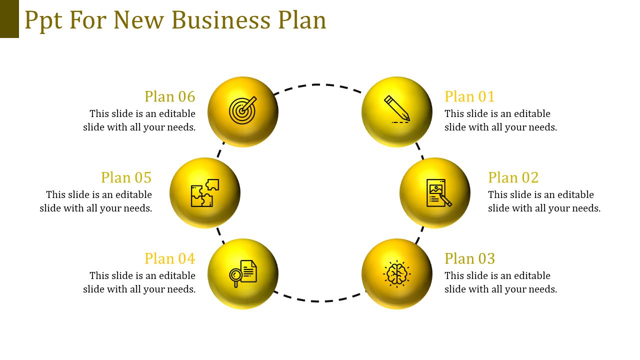 Circular diagram with six yellow gradient spheres illustrating stages of a business plan, labeled with relevant icons. 