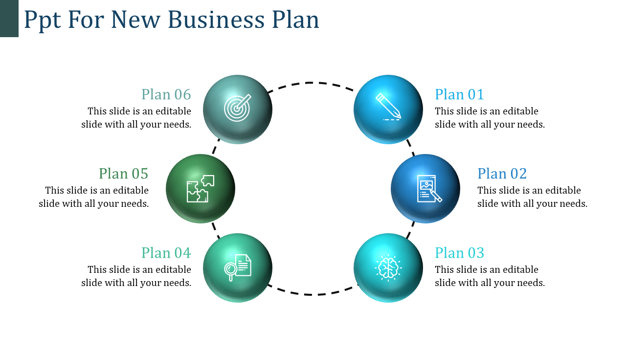 New business plan slide featuring six circular icons connected in a loop, each representing a step in the planning process.