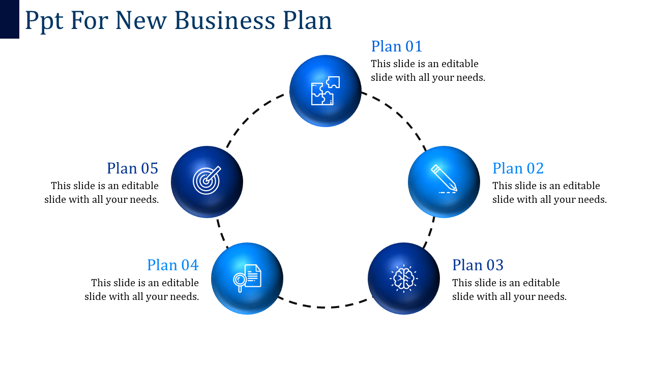 New business plan PPT with five plans connected by dashed lines and relevant blue icons.