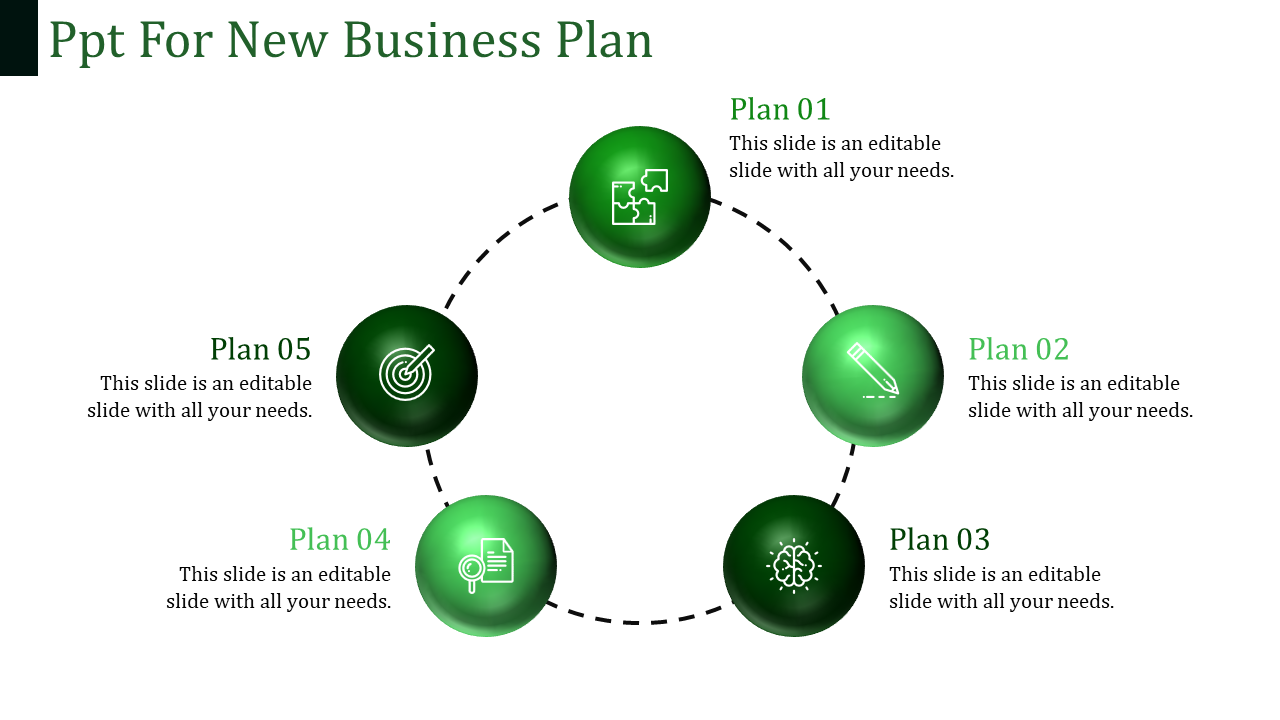 Circular layout with five green spheres, each containing white icons, connected by dashed lines for a business plan.