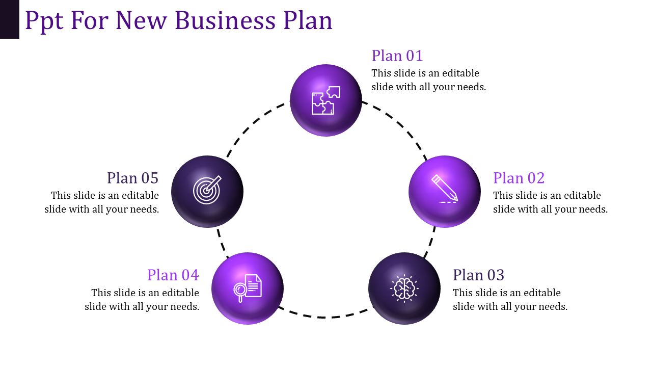 Purple PowerPoint template for a new business plan with five stages in a circular flow.