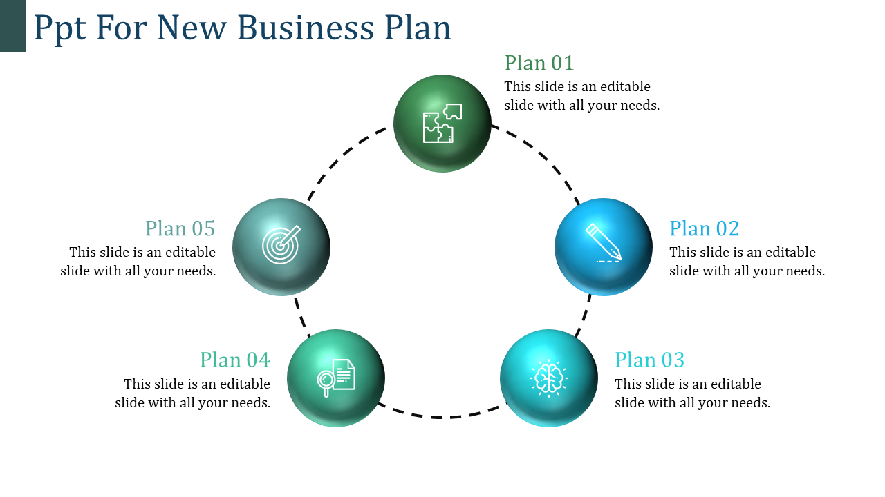 Business plan flow with five green and blue spheres arranged in a circular pattern, featuring icons like a pencil and target.