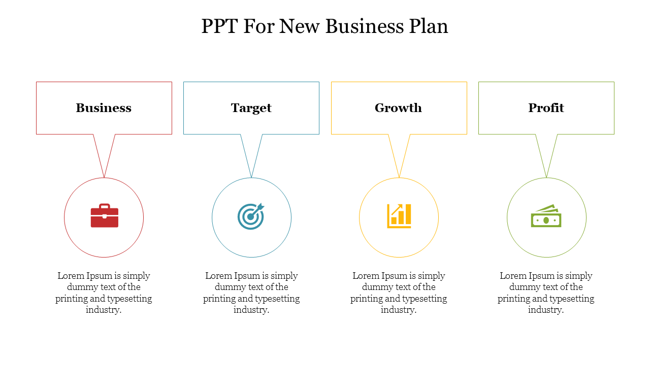 Business plan layout with four categories, represented by icons inside circles, connected to labeled boxes above.