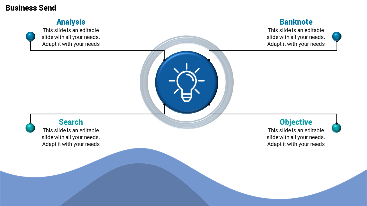 Business slide with a circular lightbulb icon in the center and four labeled points, set over a blue wave background.