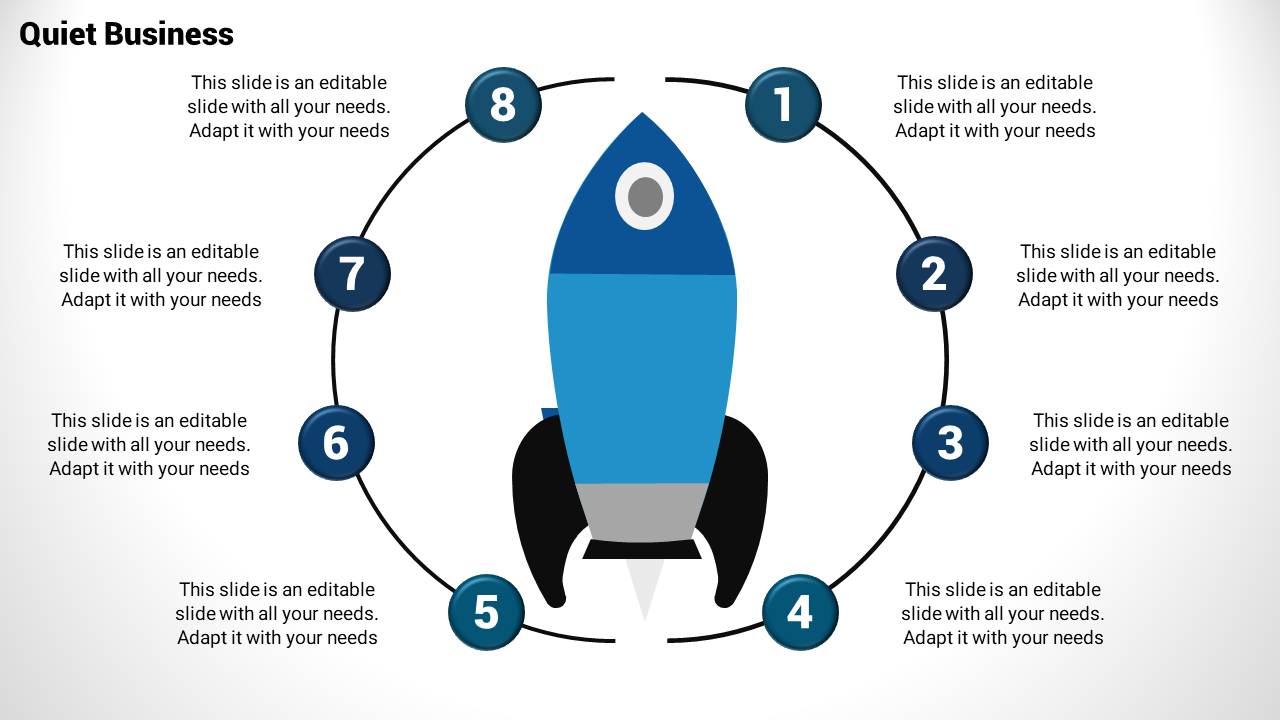 A circular PPT template for a new business plan featuring a rocket icon with numbered sections for each step.