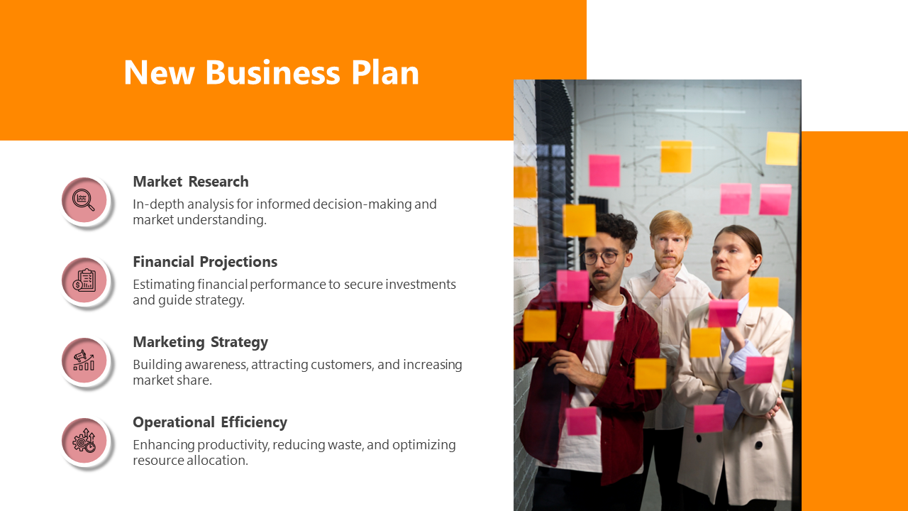 Business team brainstormed a new business plan with sticky notes on a glass board, highlighting four sections with icons.