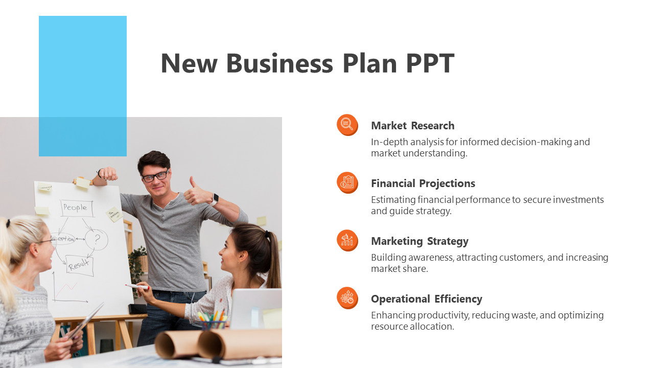 Business slide showing a collaborative team photo alongside four orange bullet points with icons on a white background.