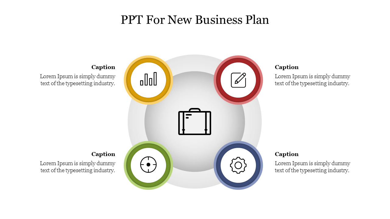 Business plan PowerPoint slide with four sections data analysis, document editing, goal setting, and process design.