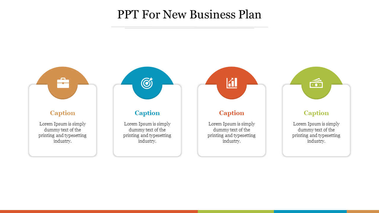 PPT slide for new business plan with icons representing business, target, growth, and finance with placeholder text.