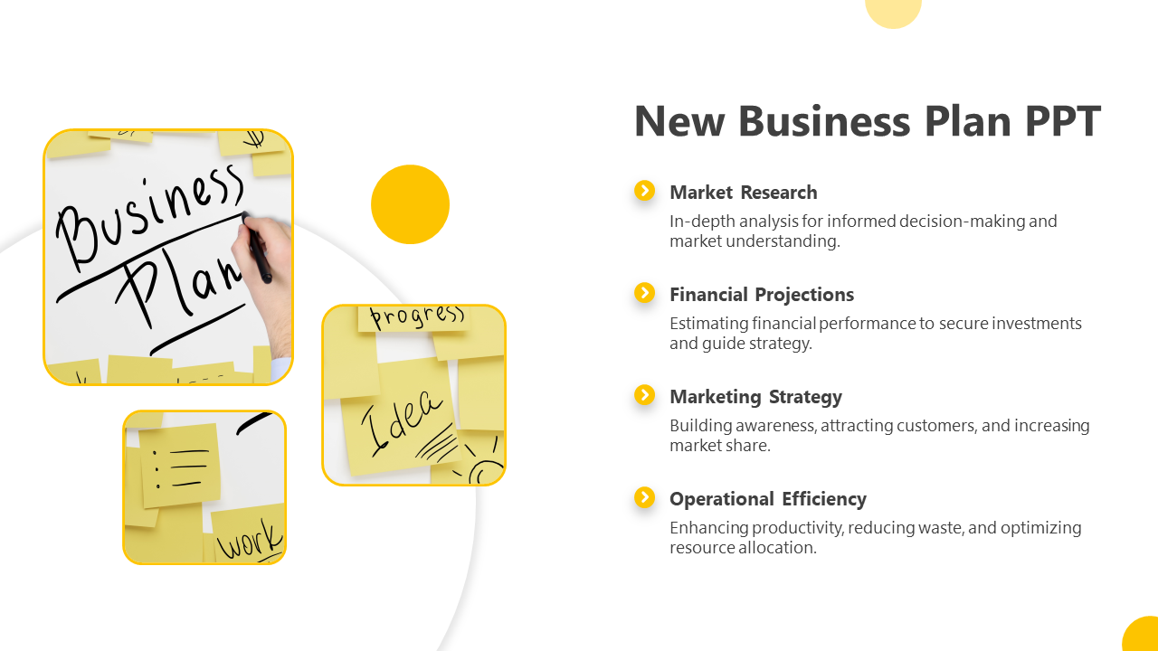 Slide with sticky notes and a business plan from covering market research to operational efficiency with description.