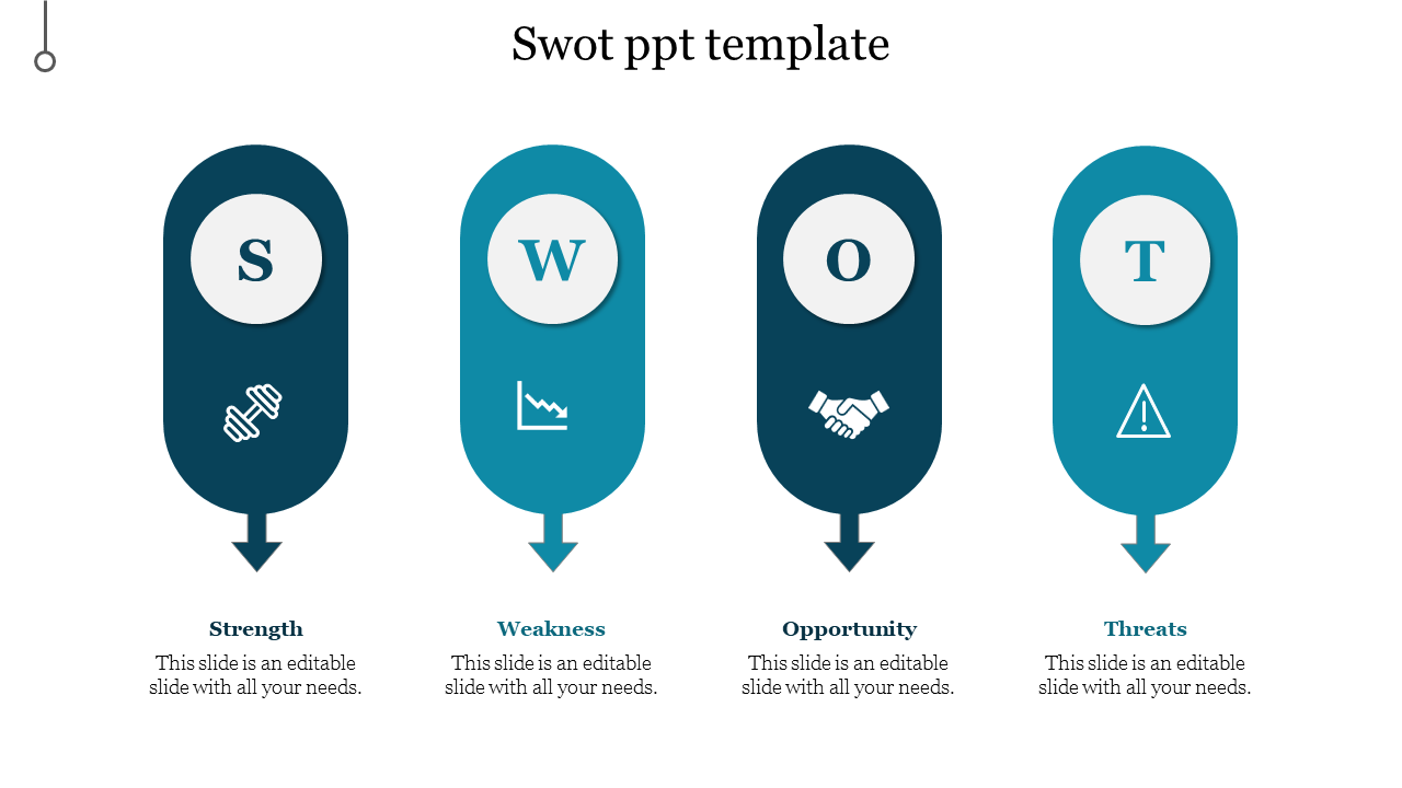 Blue themed SWOT PPT slide with Strength, Weakness, Opportunity, and Threats, each with an icon and placeholder text.