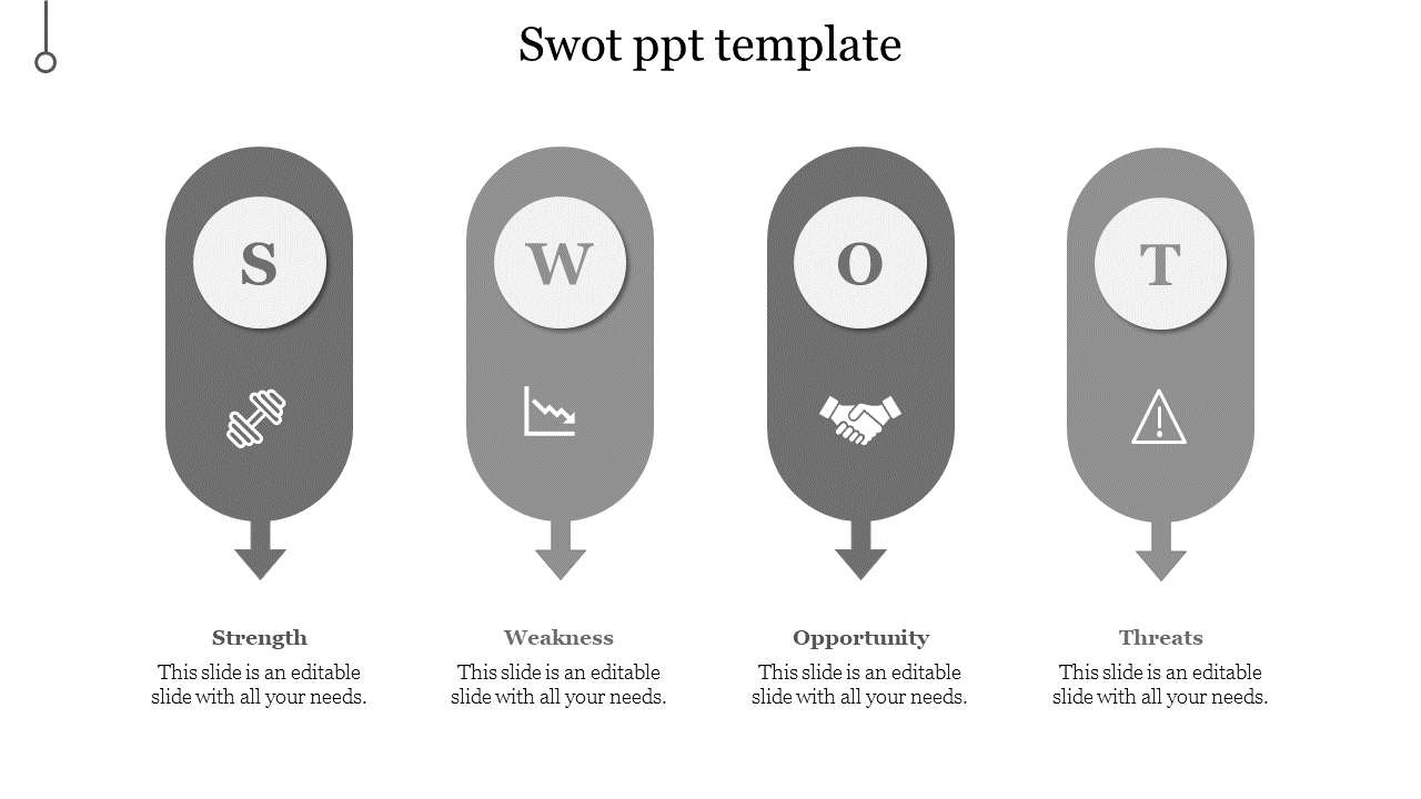 A four-segment SWOT template arranged in a circular layout with concise insights for each componentalongside icons.