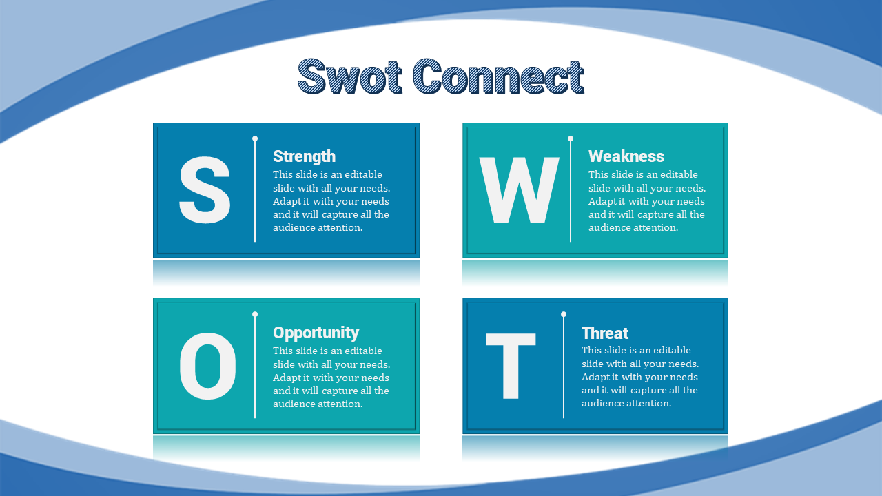 SWOT analysis template featuring blue blocks with large initials S, W, O, and T, each paired with caption areas.