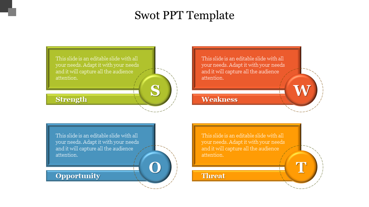 SWOT analysis layout with green, red, blue, and orange rectangular sections, with circular initials and text inside.