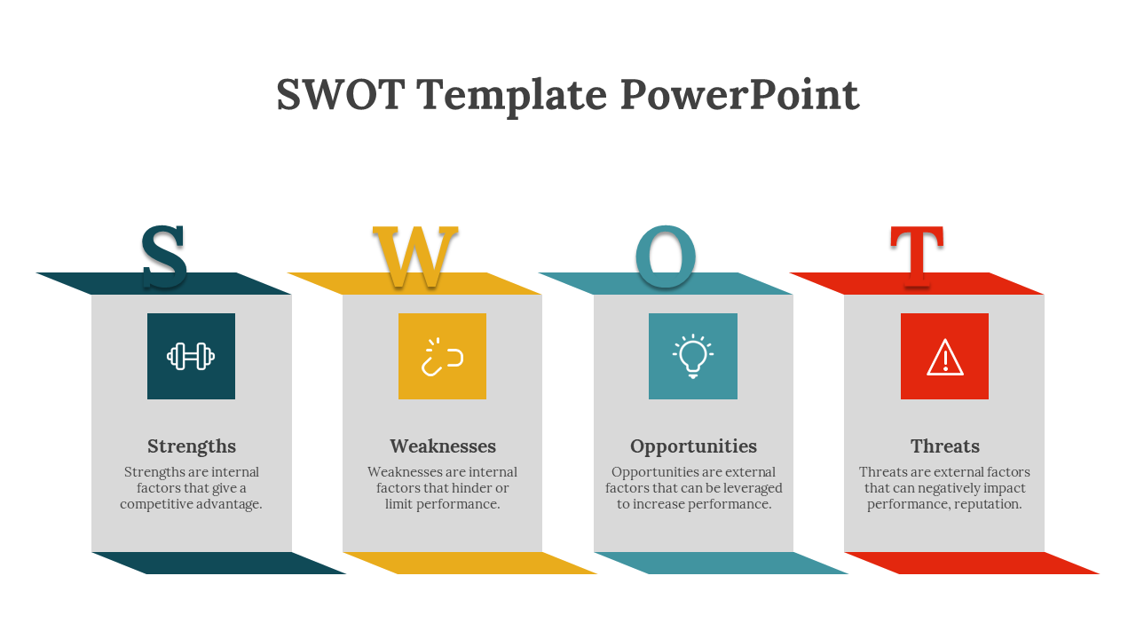 SWOT layout with stylized letters S, W, O, T atop colored sections, each showcasing icons and placeholders text areas.