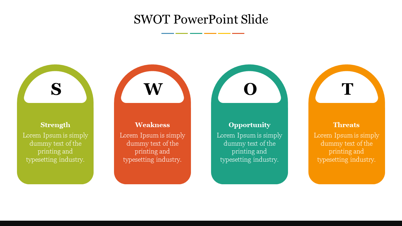 SWOT template with rounded shapes in green, red, teal, and orange with caption areas for key categories.